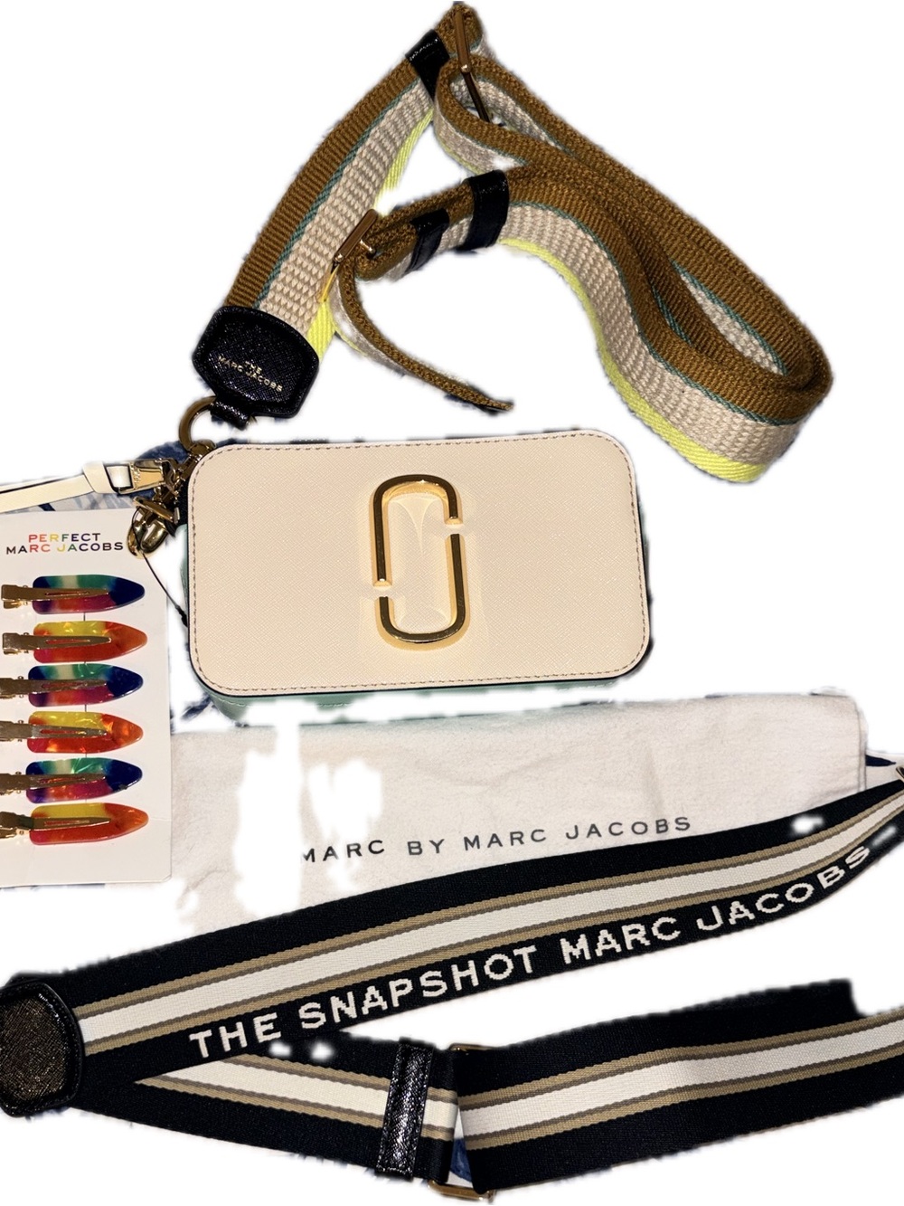Marc Jacobs Cream Snapshot Camera Crossbody with Extra Striped Strap